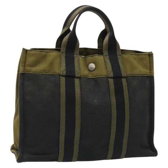 HERMES Fourre Tout PM Hand Bag Canvas Khaki Auth ti2747 - Picture 1 of 14